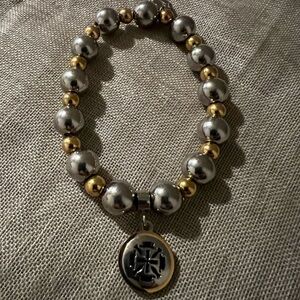 Rustic Cuff Silver and Gold Beaded Bracelet with Charm